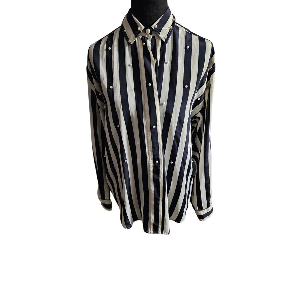 S.L.B. Sunny Leigh Pearl Embellished Blouse Navy Stripe Satin Button Down M